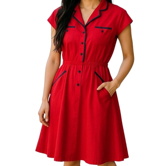 Vintage cotton collared buttondown Red midi Dress - Picture 1 of 5